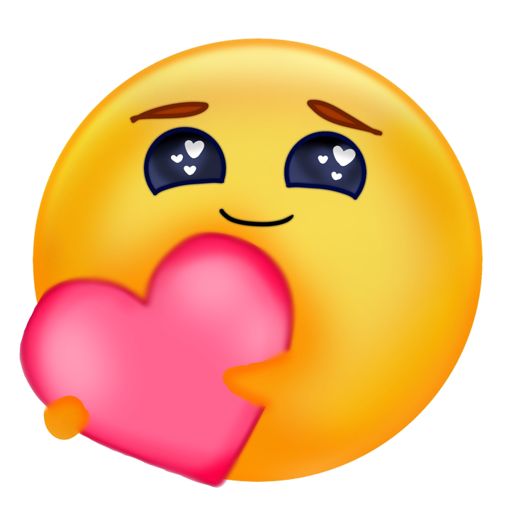 yellow emote holding a pink heart, with dark navy eyes with heart-shaped light reflections, brown eyebrows and a slight smile